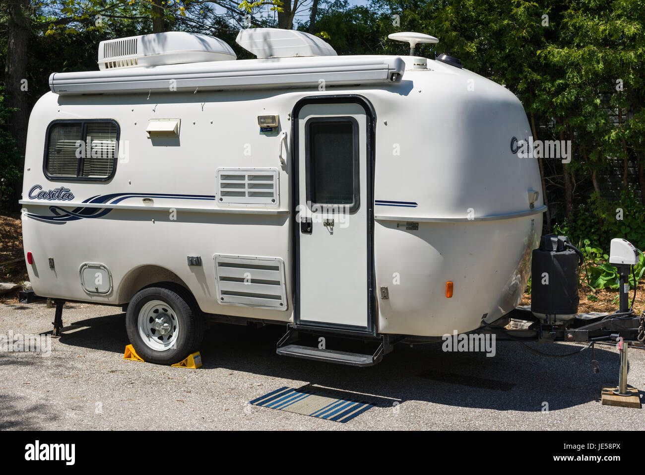 Exterior of a white Casita fibreglass lightweight travel trailer Stock Photo