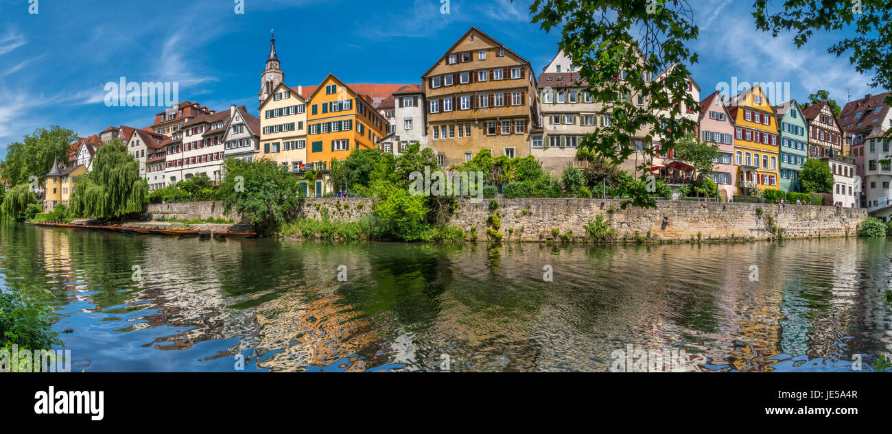 Houses on the Neckar river with Hoelderlinturm tower, old town, Tuebingen, Swabian Alb, Baden-Wuerttemberg, Germany, Europe Stock Photo