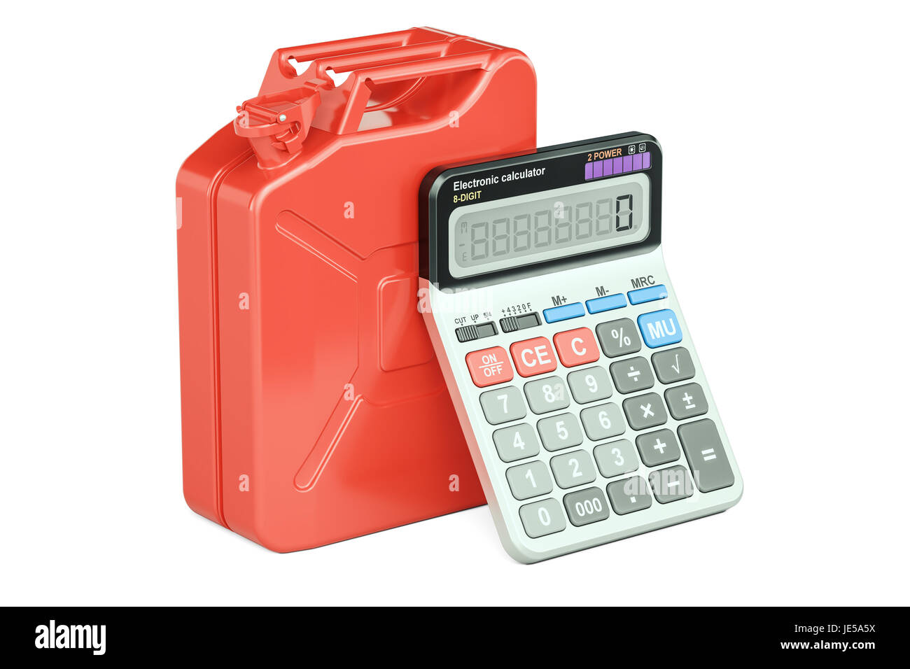 Calculation of cost fuel concept. Jerrycan with calculator, 3D rendering isolated on white background Stock Photo