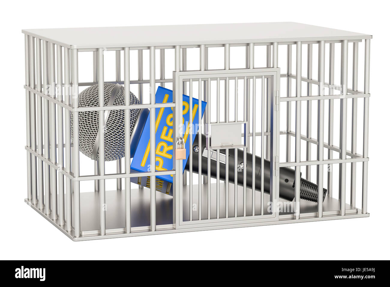 Microphone press inside cage, prison cell. Freedom of the press prohibition concept. 3D rendering Stock Photo