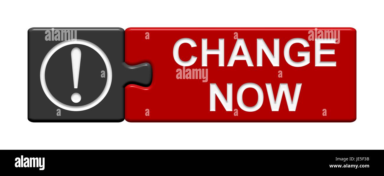 puzzle button gray red: change now Stock Photo