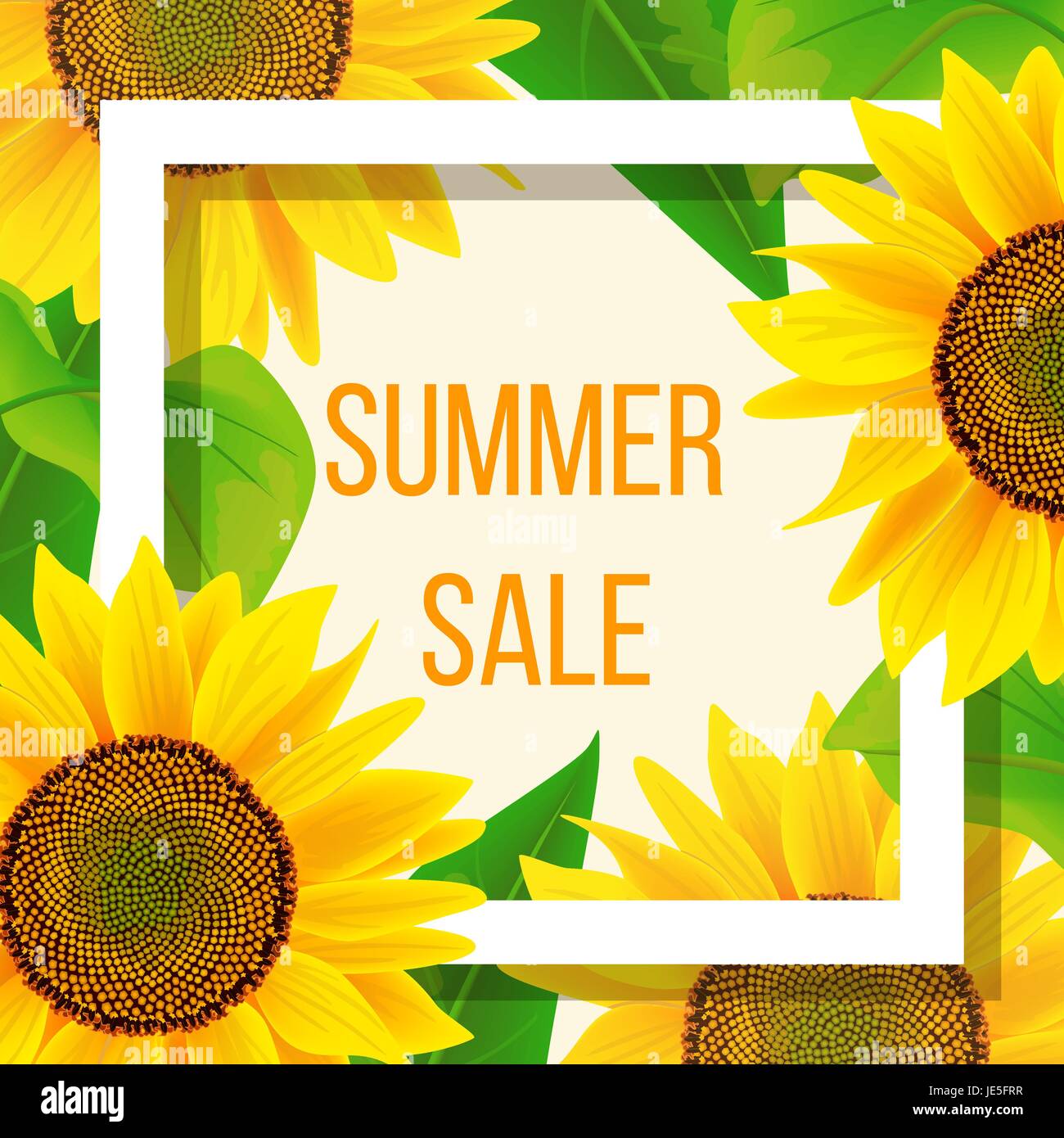 Summer sale banner template with sunflowers, vector illustration. advertising text in square. Floral vivid frame. Poster template Stock Vector