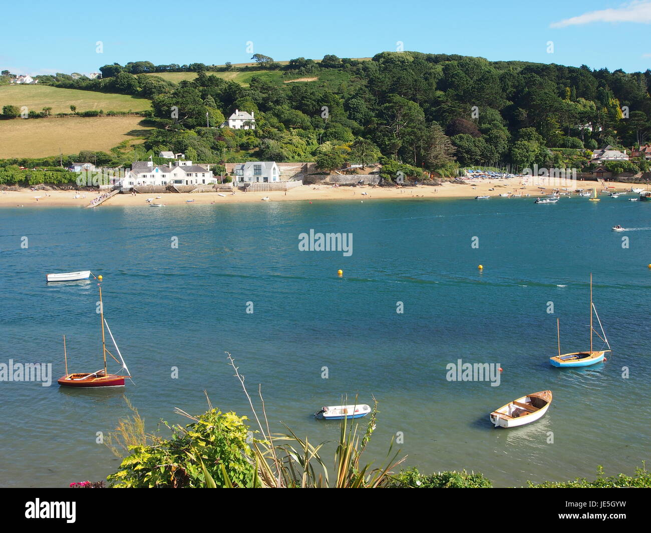 View across the Salcombe estuary on a sunny day. Stock Photo