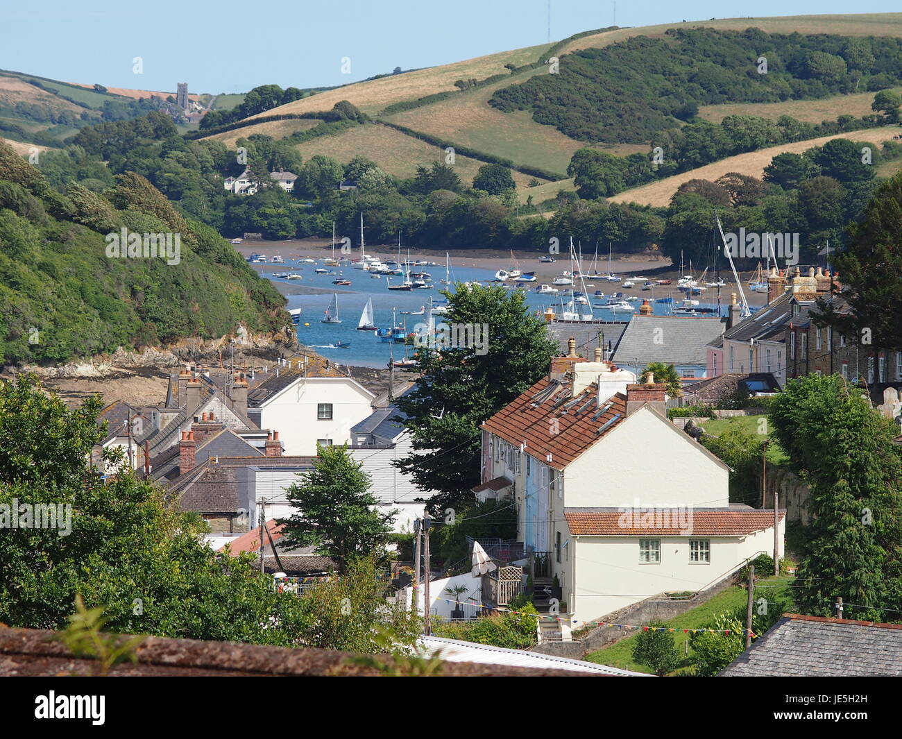 View of the Salcombe estuary from a nearby hill. Stock Photo