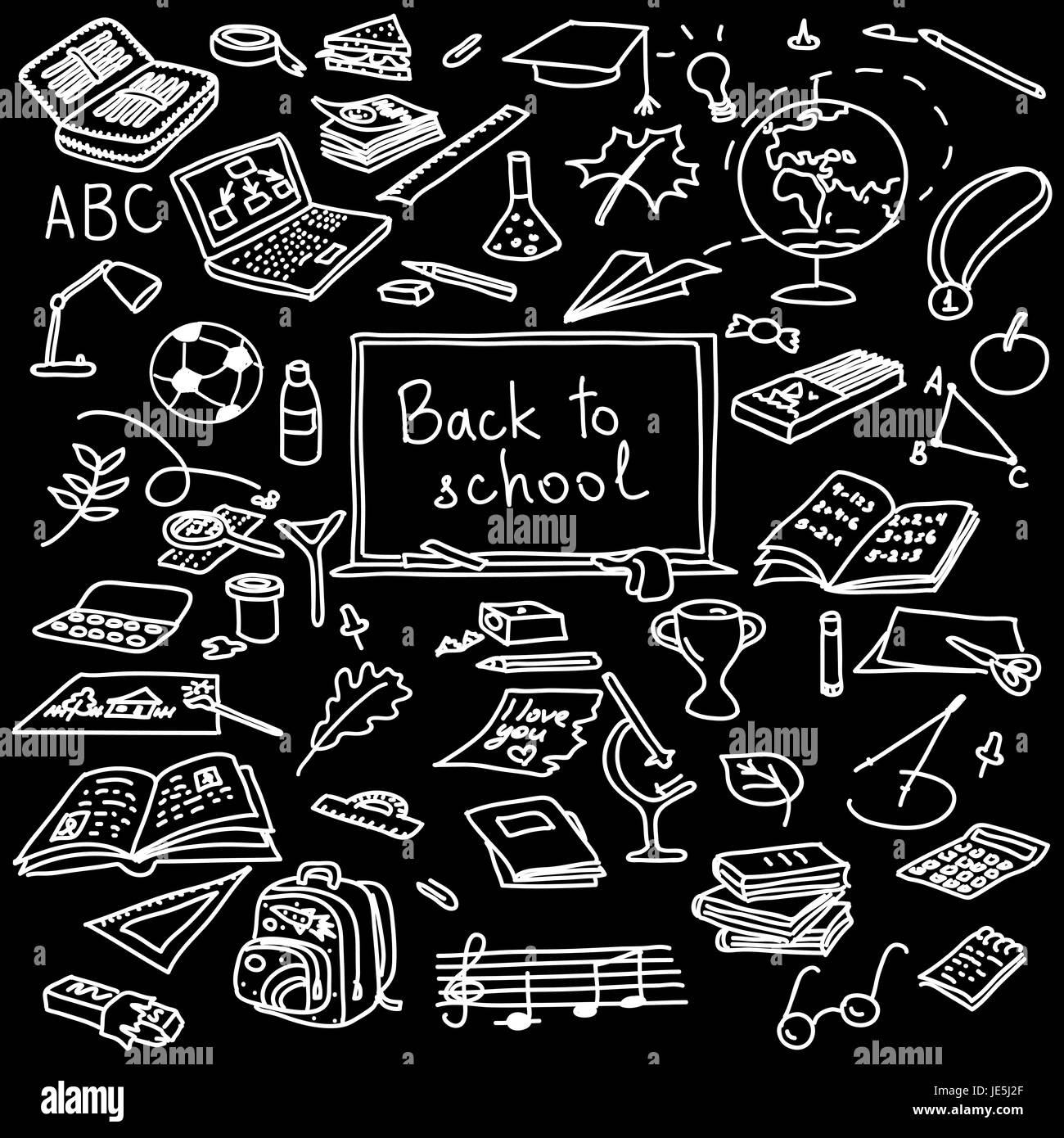 Education or back to school Concept. glasses, pencils, note books, chalk,  eraser over chalkboard background. Stock Photo