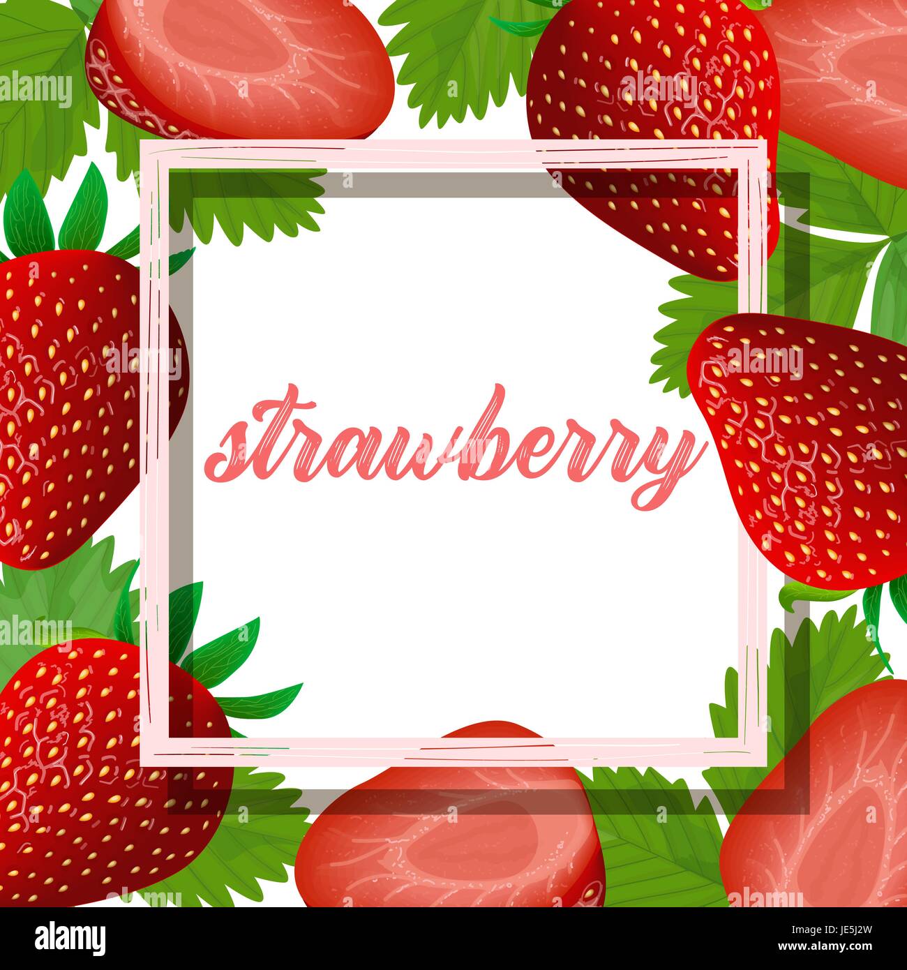 Vector card with colorful strawberries on white background and square frame. Design for dessert menu with strawberry,natural cosmetics,body care produ Stock Vector