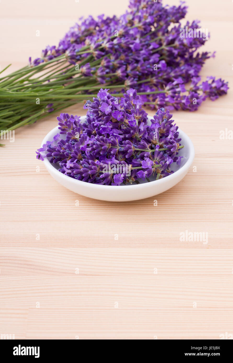 Porcelain bowl with lavender blossoms and bouquet with lavender Stock Photo