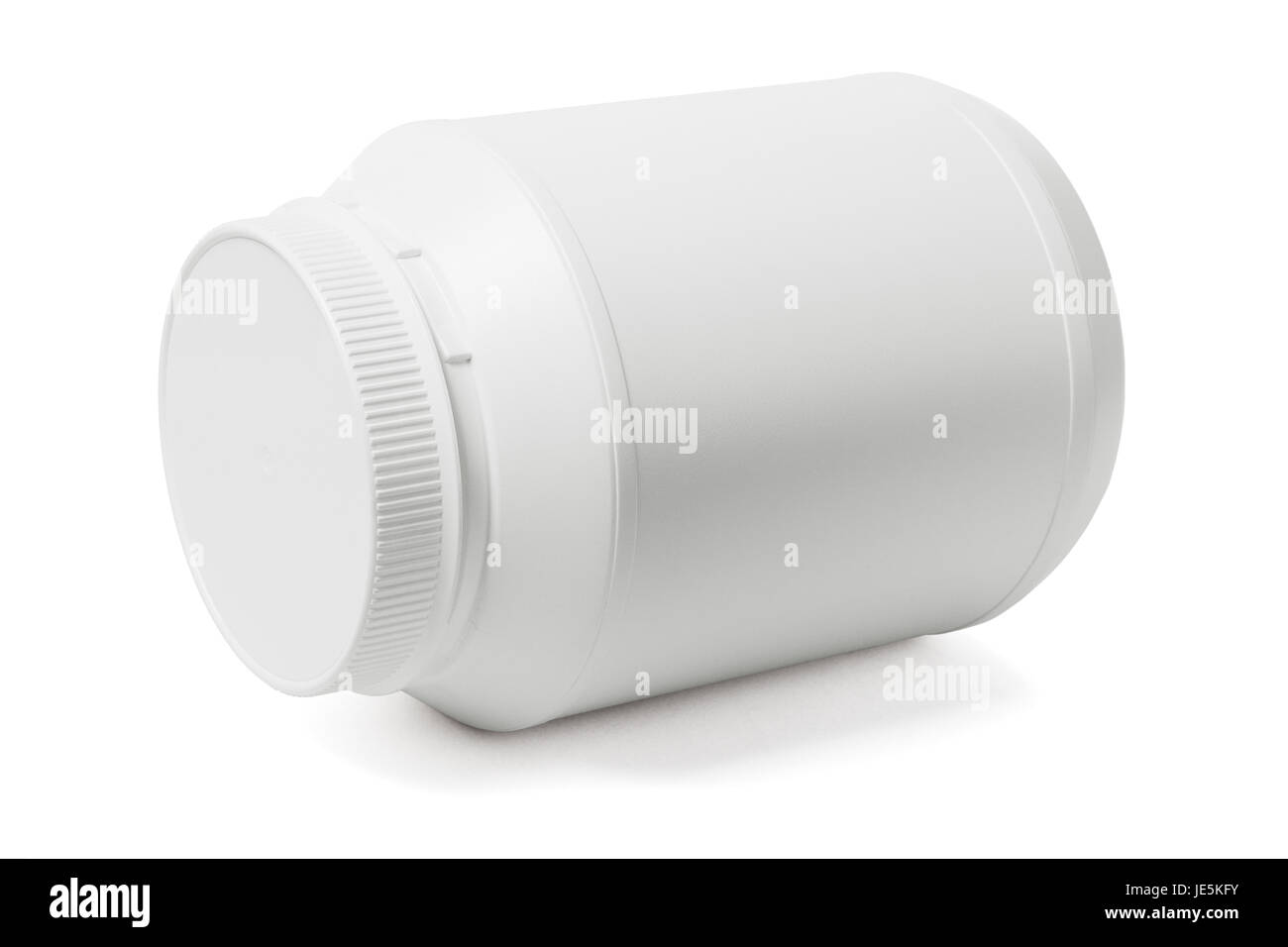 Large Round Plastic Container Lying on White Background Stock Photo