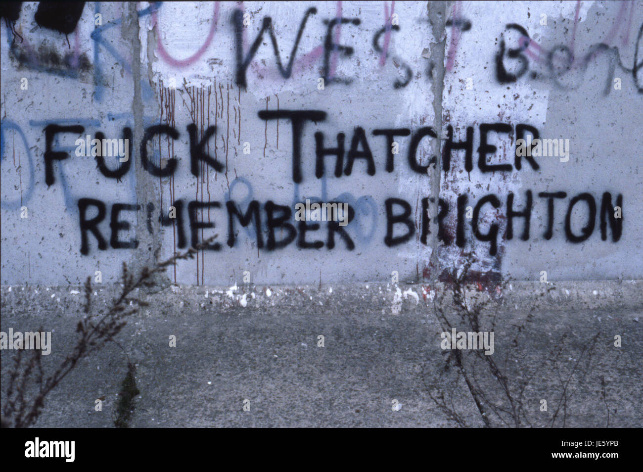 Mrs Margaret Thatcher was a divisive Prime Minister in Great Britain. She brought out extreme views in people; this refers to the Brighton Bomb 1984 Stock Photo