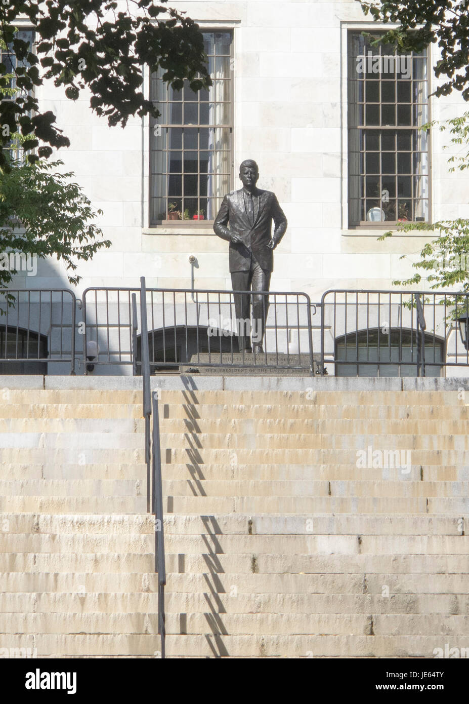 Zoom shot of the John F Kennedy statue in the grounds of the Massachusetts State House on Beacon Street in Boston Stock Photo