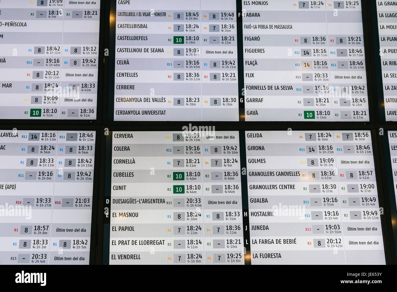 Train Departure And Arrivals Information Board In Barcelona Train Station Stock Photo