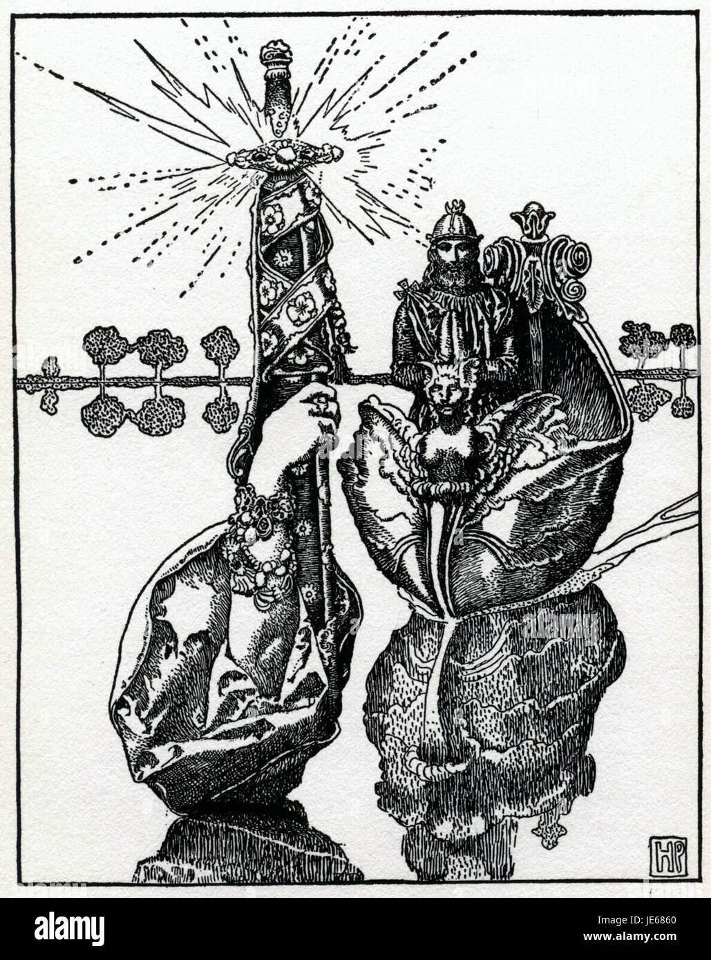 Arthur Pyle’s depiction of Excalibur, the legendary sword of King Arthur, captures the mythical significance of the weapon in Arthurian legend. The sword represents power, leadership, and destiny in medieval tales. Stock Photo