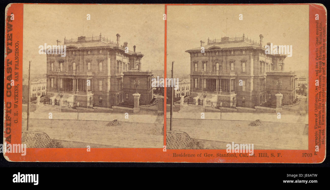 Carleton Watkins’ photograph captures the residence of Governor Leland Stanford, located in California, showcasing the architecture and scenic backdrop of the surrounding area. Watkins’ work is known for documenting the California landscape and important historical figures of the 19th century. Stock Photo