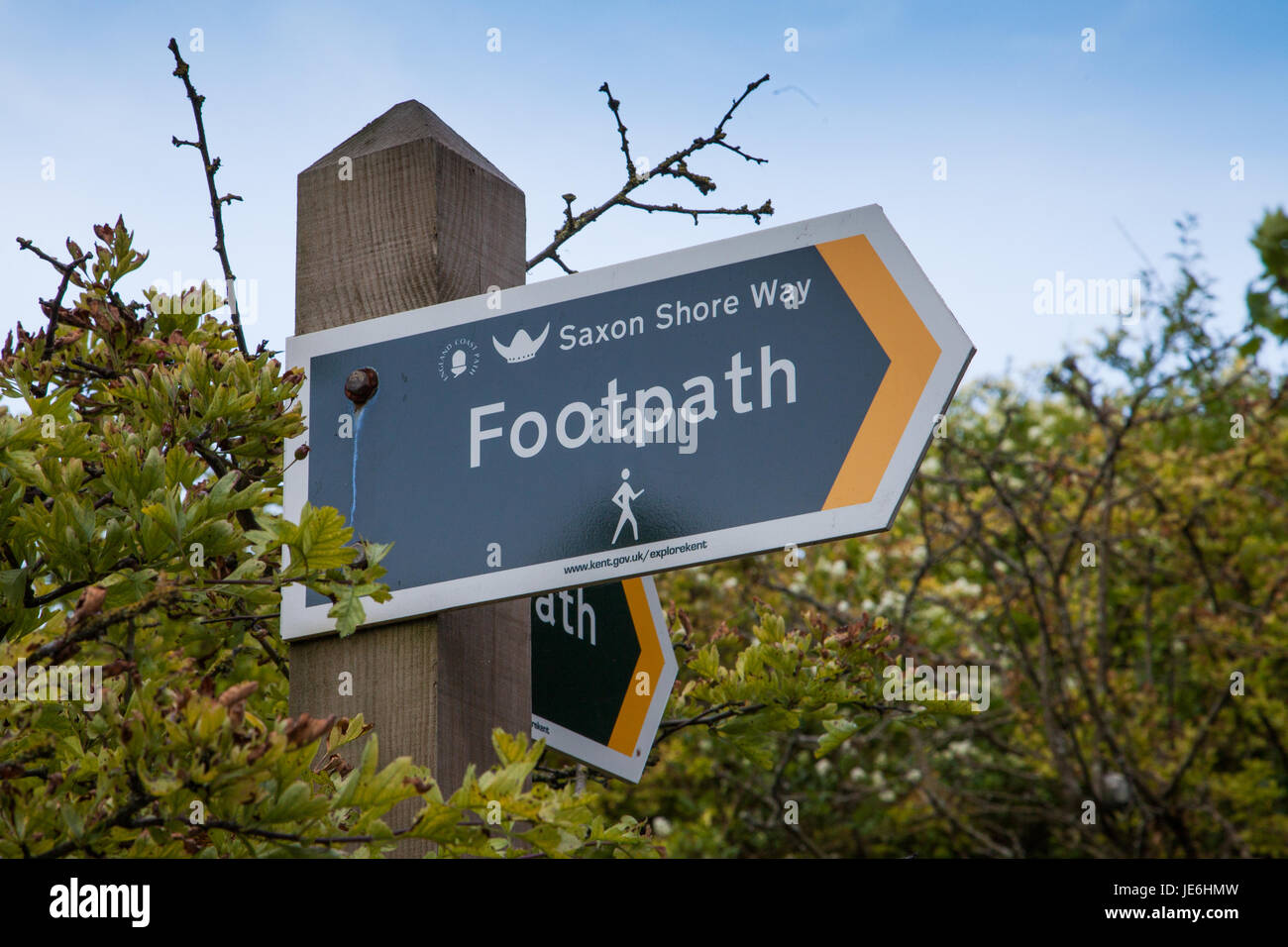 Saxon Shore Way Footpath Sign giving hiking directions. Stock Photo