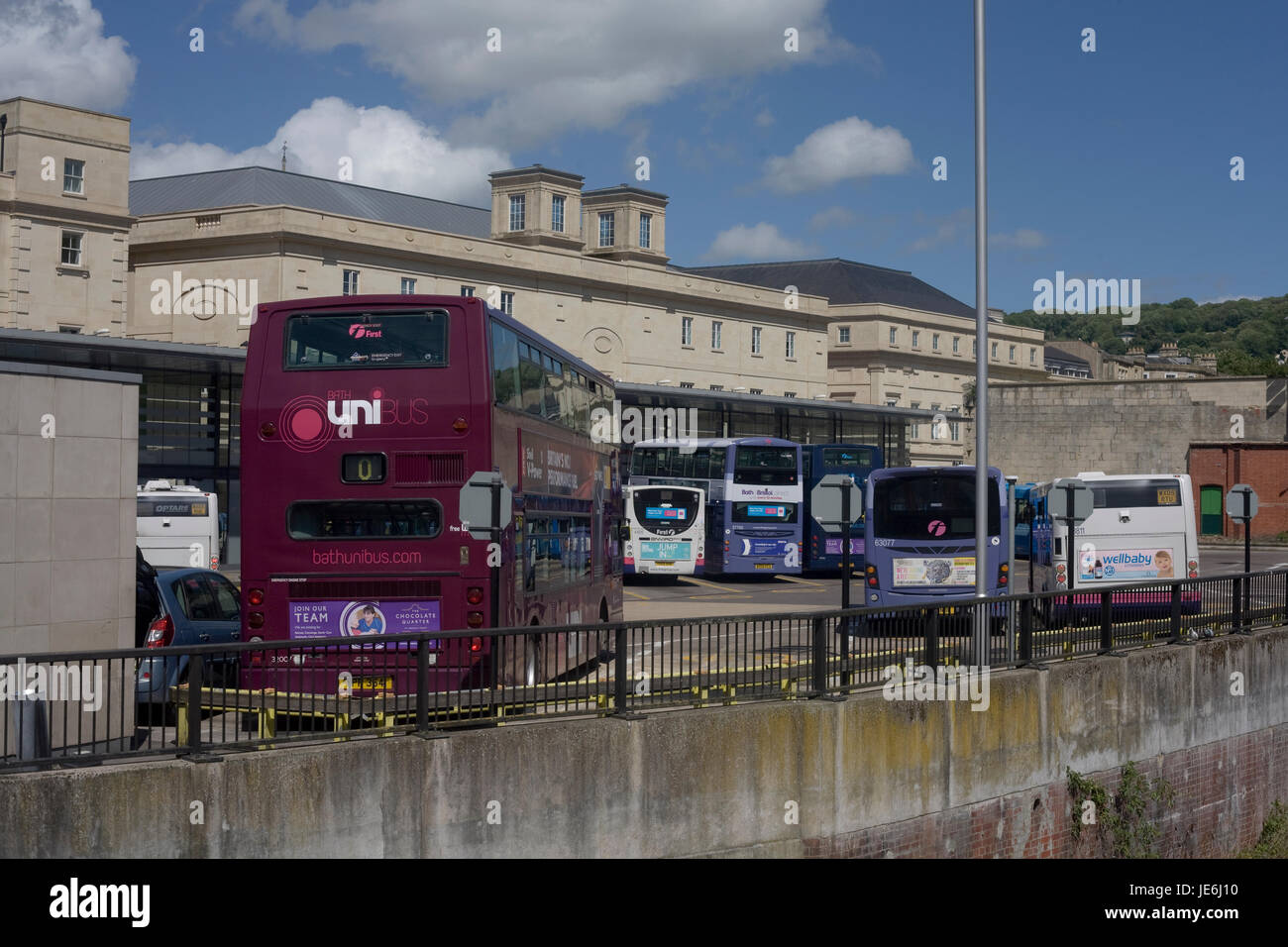Bath bus station with Bath Unibus and First group buses Stock Photo