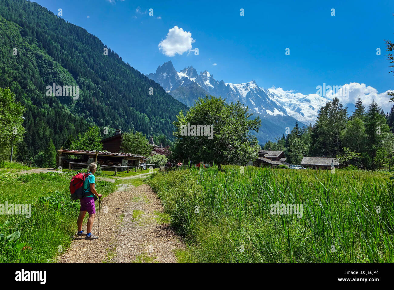 Chamonix Aigiuilles and female hiker seen from near Argentiere Stock Photo