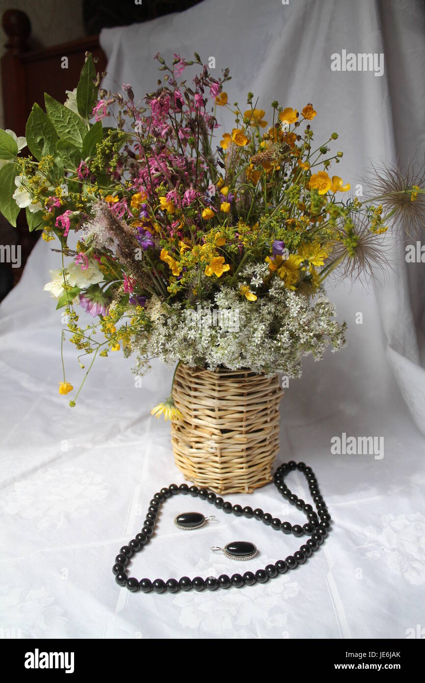 bouquet from summer bloom  wild field flowers in vase decoration for home Stock Photo