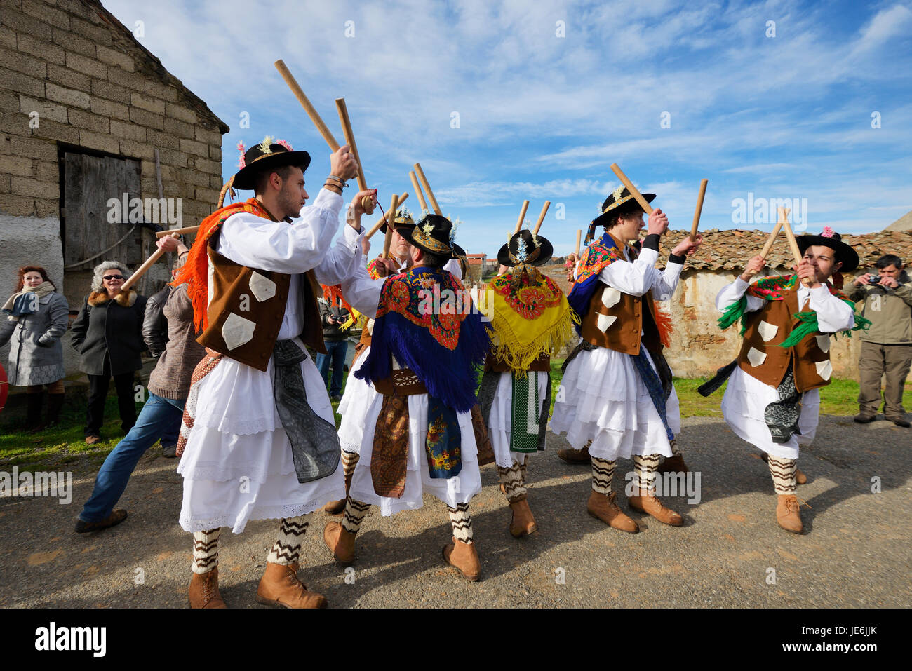 A folk group (Pauliteiros de Miranda) that practice an ancient warrior Iberian dance. Traditional Winter festivities in Constantim. Portugal Stock Photo