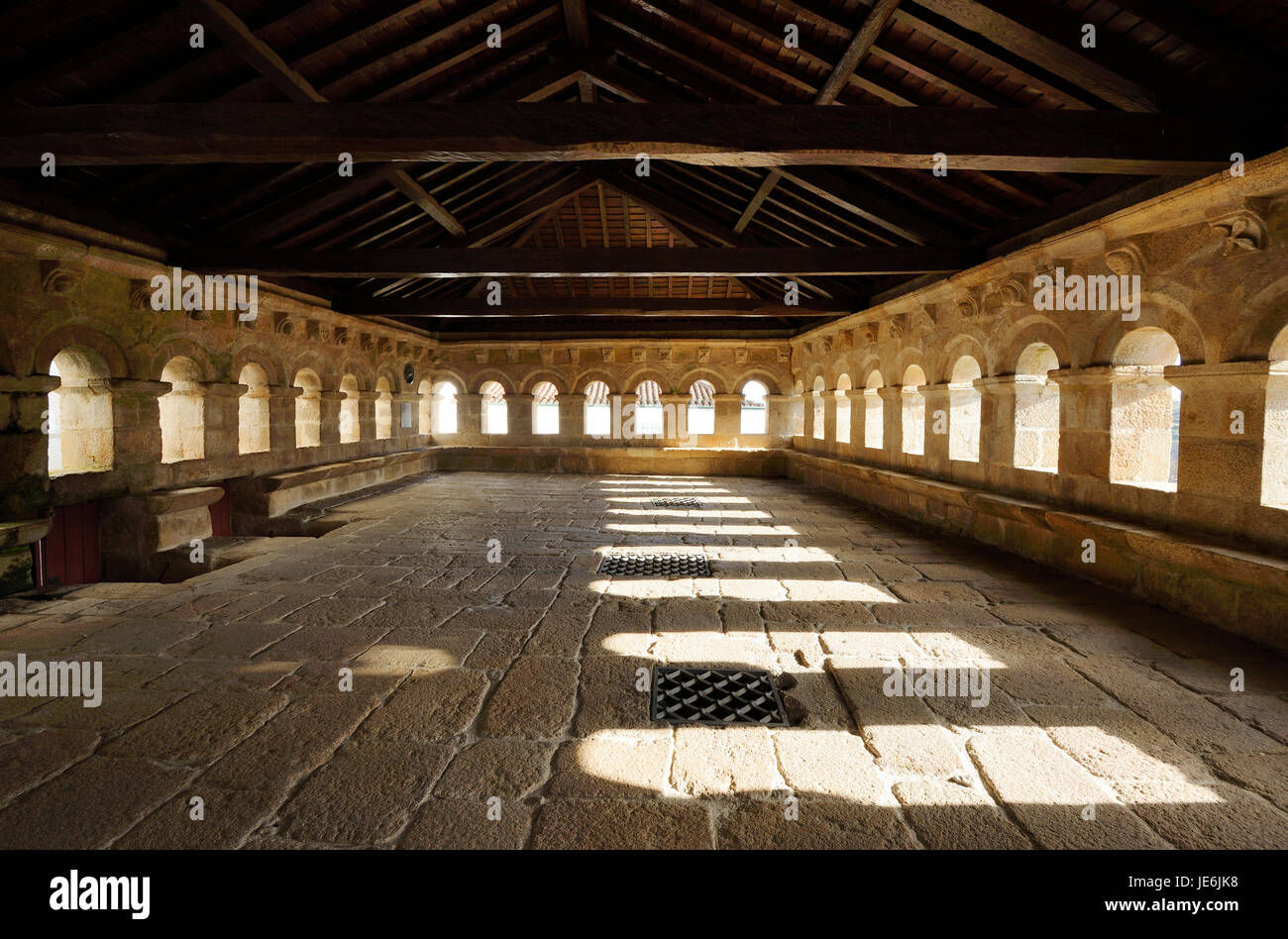 The romanic meeting hall of the city council (Domus Municipalis) of Bragança, dating back to the 12th century. Portugal Stock Photo