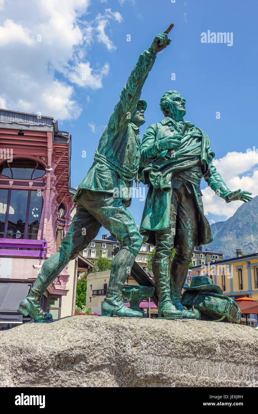 Bronze monument statue of AHB de Saussure and Jaques Balmat in the town centre of Chamonix Mont Blanc, France Stock Photo