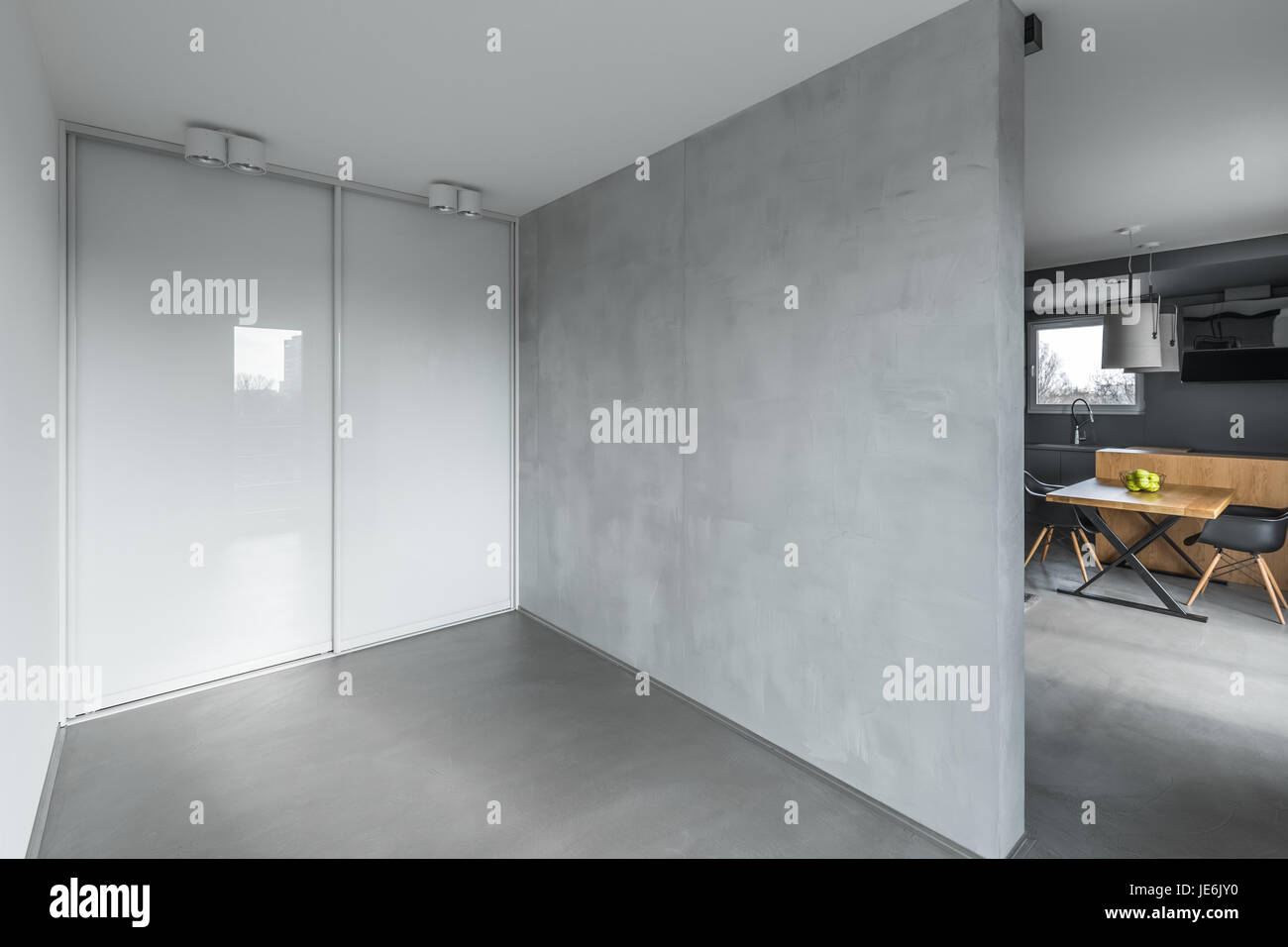 Modern Home With Gray Corridor With Sliding Door Wardrobe