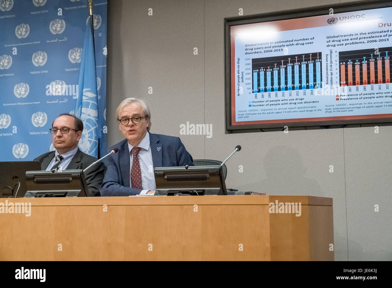 New York, United States. 22nd June, 2017. Thomas Pietschmann (L) and Jean-Luc Lemahieu (R) are seen during the press briefing. On the occasion of the launch of the 2017 World Drug Report, United Nations Office on Drugs and Crime (UNODC) Director for Policy Analysis and Public Affairs Jean-Luc Lemahieu and UNODC Research Officer Dr. Thomas Pietschmann held a press briefing at UN Headquarters to detail key findings in the document. Credit: Albin Lohr-Jones/Pacific Press/Alamy Live News Stock Photo