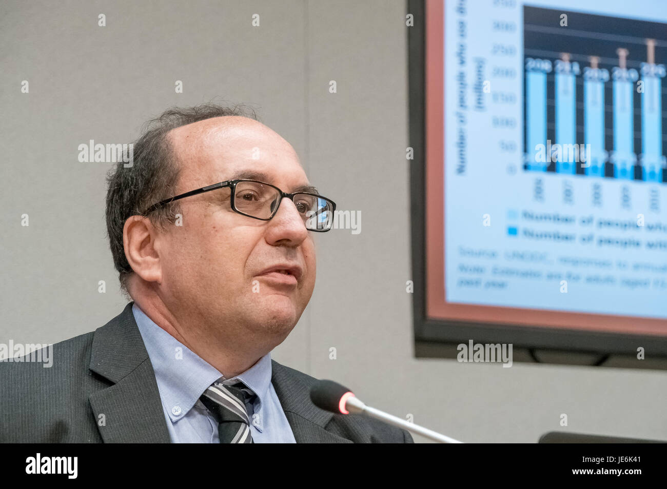 New York, United States. 22nd June, 2017. UNODC Research Officer Dr. Thomas Pietschmann is seen at the press briefing. On the occasion of the launch of the 2017 World Drug Report, United Nations Office on Drugs and Crime (UNODC) Director for Policy Analysis and Public Affairs Jean-Luc Lemahieu and UNODC Research Officer Dr. Thomas Pietschmann held a press briefing at UN Headquarters to detail key findings in the document. Credit: Albin Lohr-Jones/Pacific Press/Alamy Live News Stock Photo