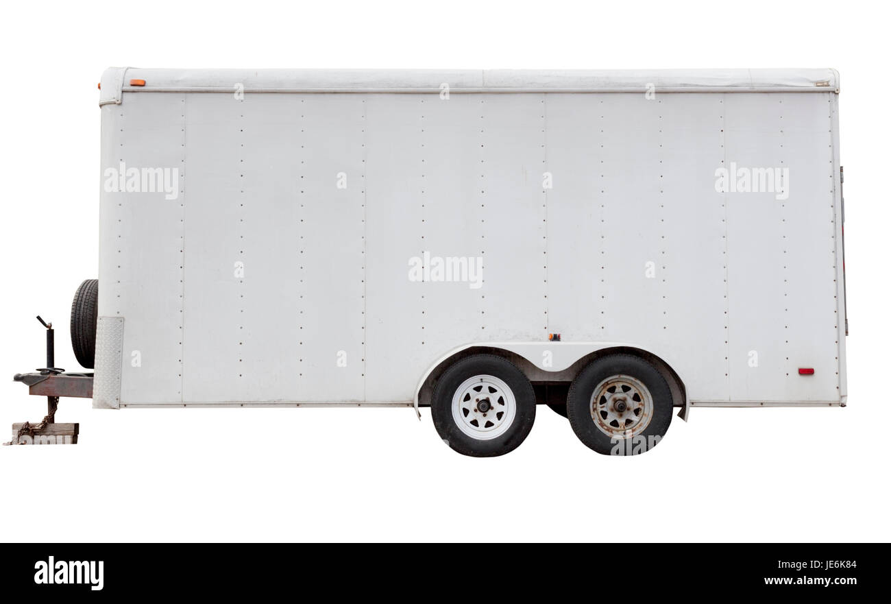 Isolated small white four wheel utility trailer with hitch. Side view. Stock Photo