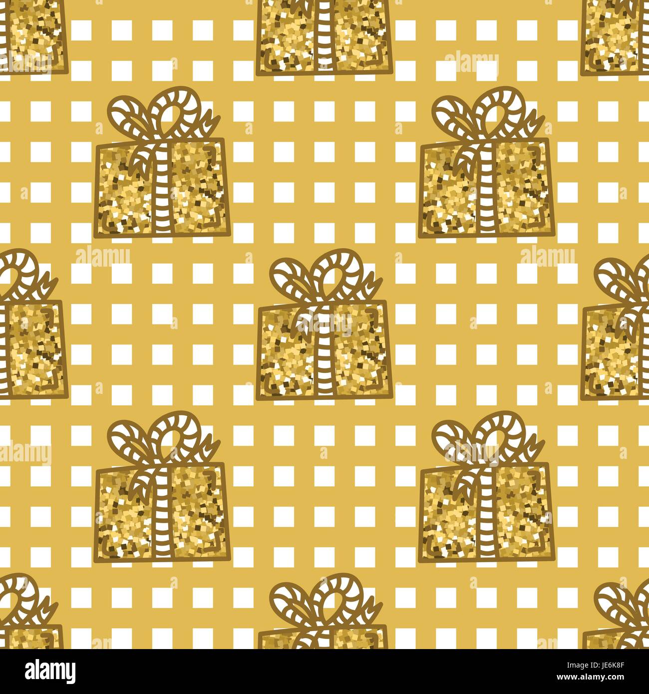 Gift box with ribbon, golden vector seamless pattern. Hand drawn ...