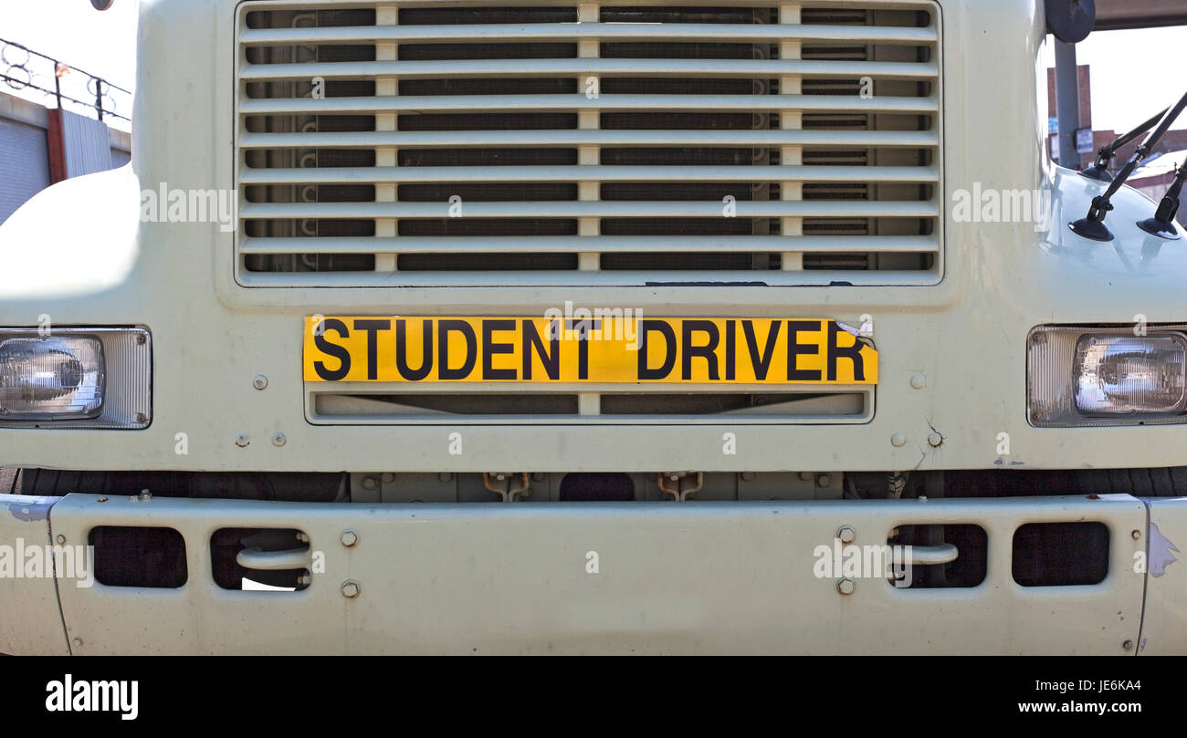 STUDENT DRIVER sign on front of semi truck. Horizontal. Stock Photo