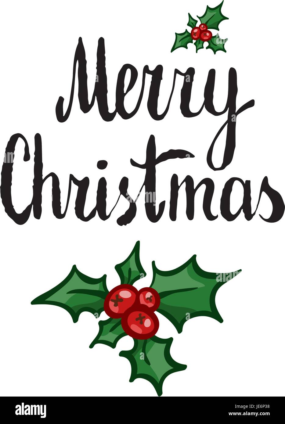 Merry Christmas lettering with holly. Hand drawn vector design element ...