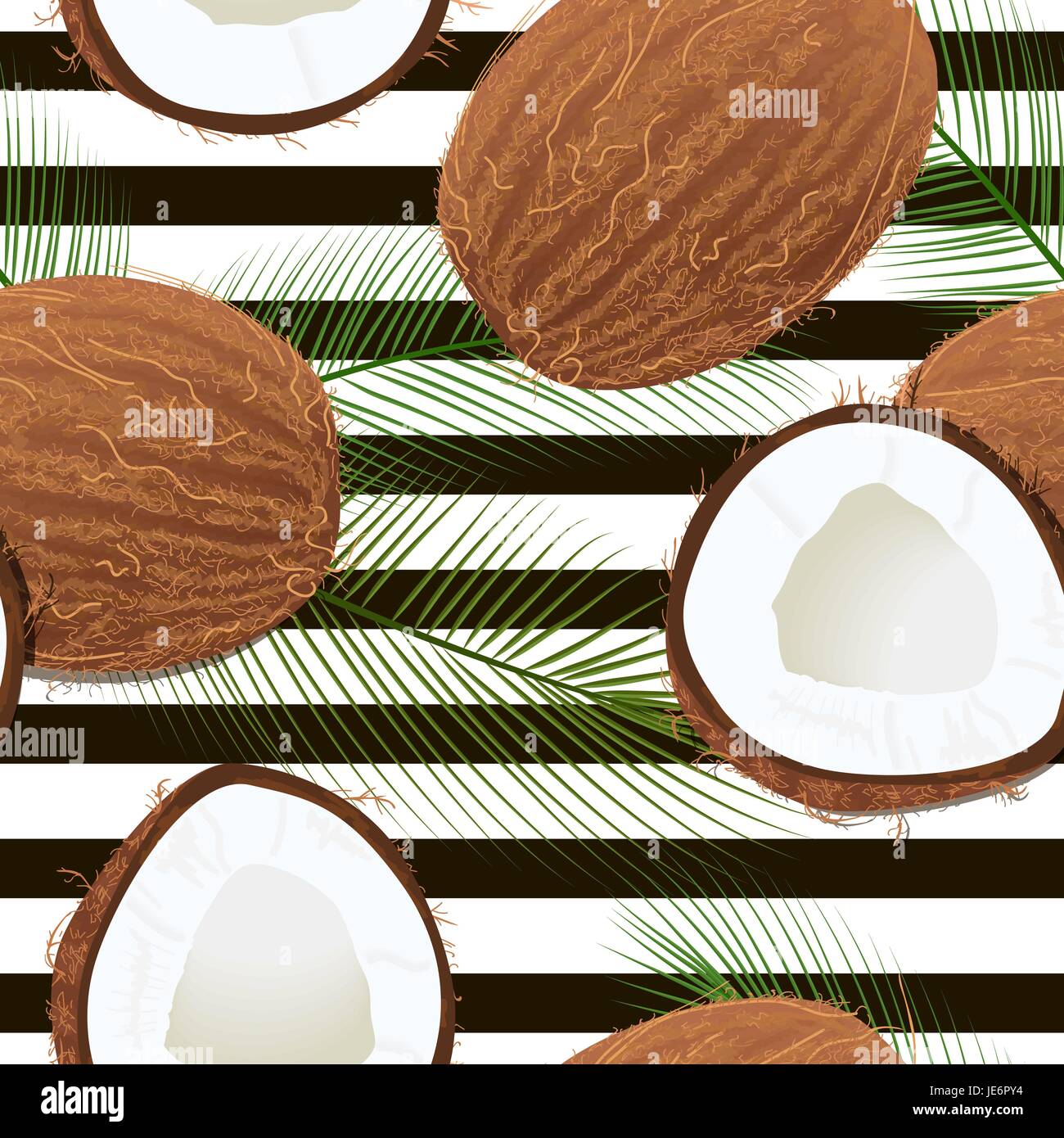 Seamless vector summer pattern with coconut and palm leaves on black ...