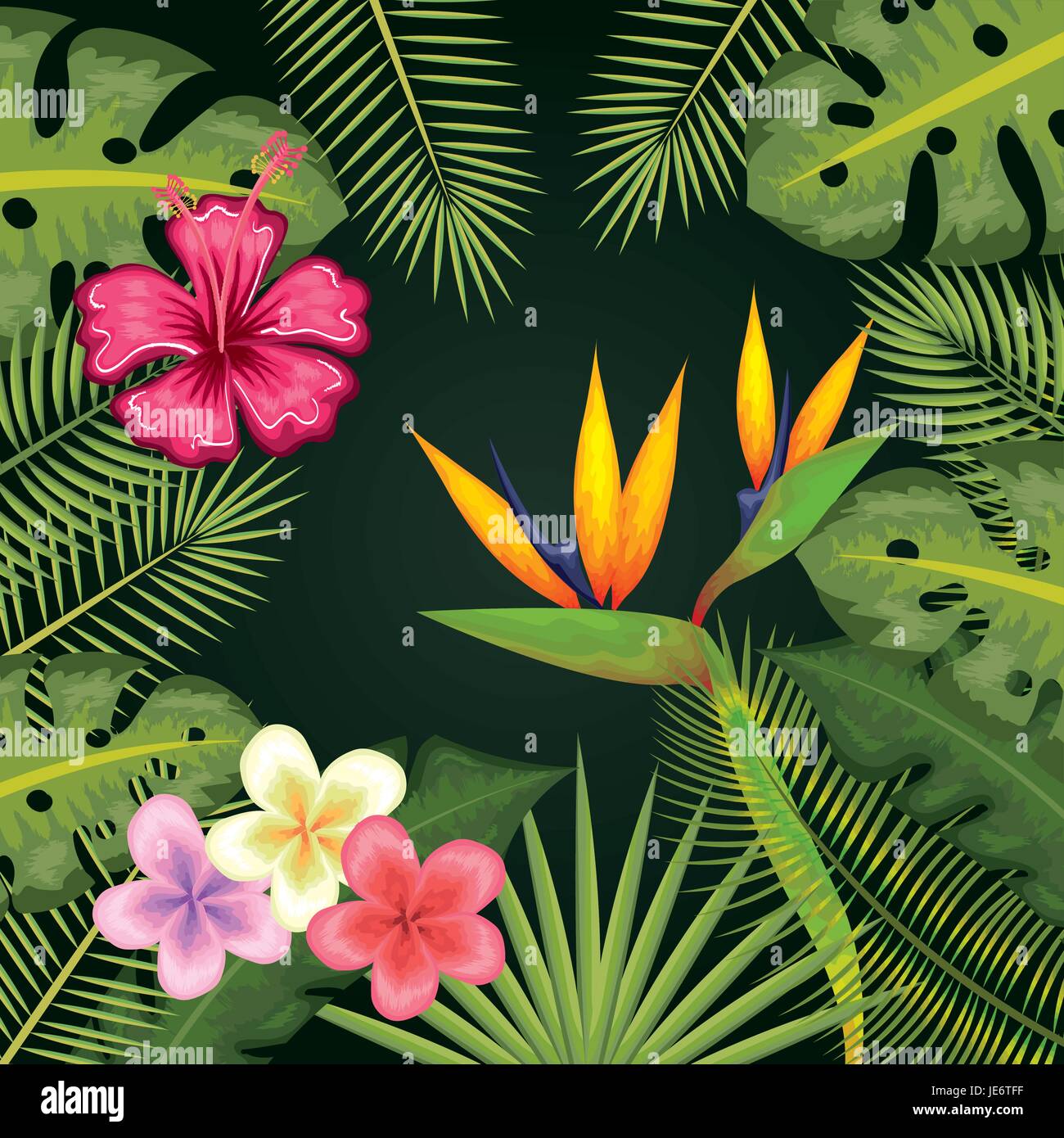 Tropical flowers and leaves frame over green background vector ...