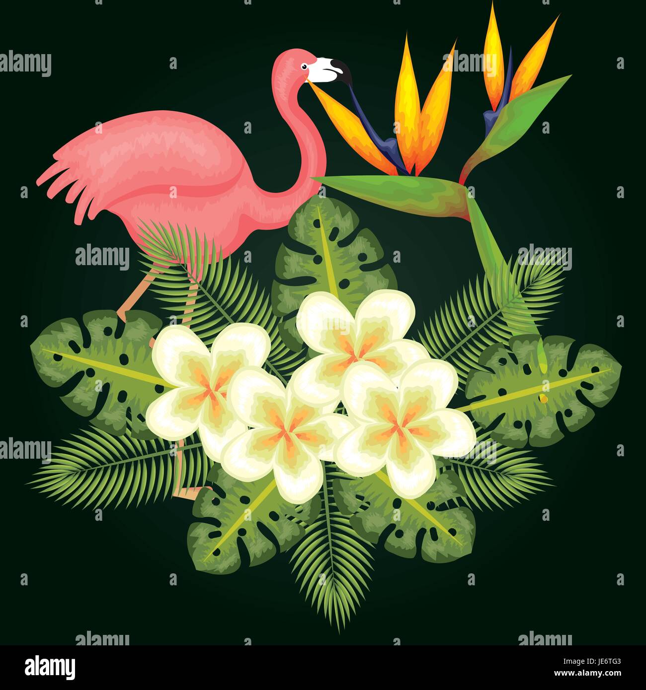 Tropical flowers and leaves with pink flamingo over dark green ...