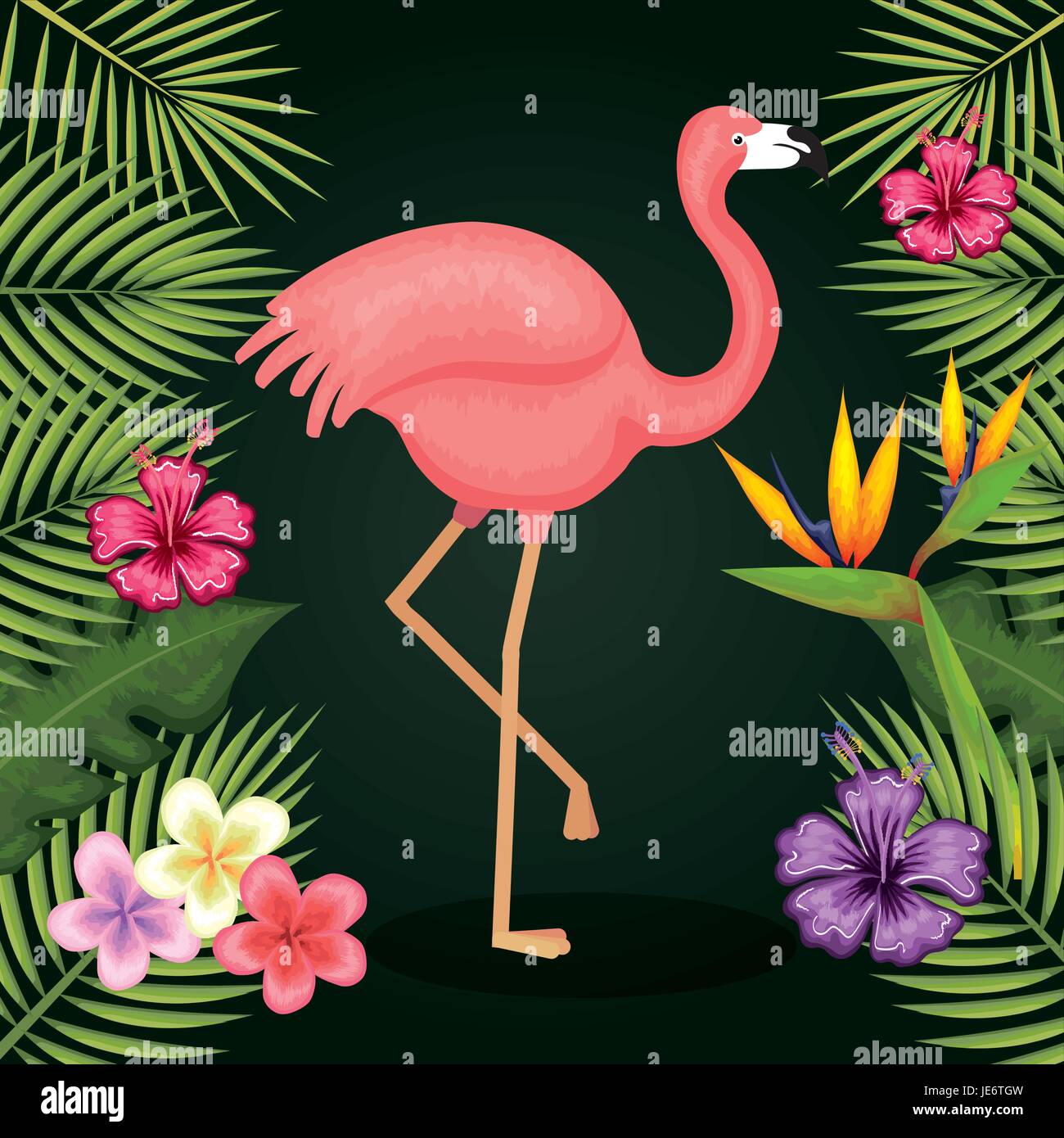 Flamingo with tropical flowers and leaves over green background vector ...