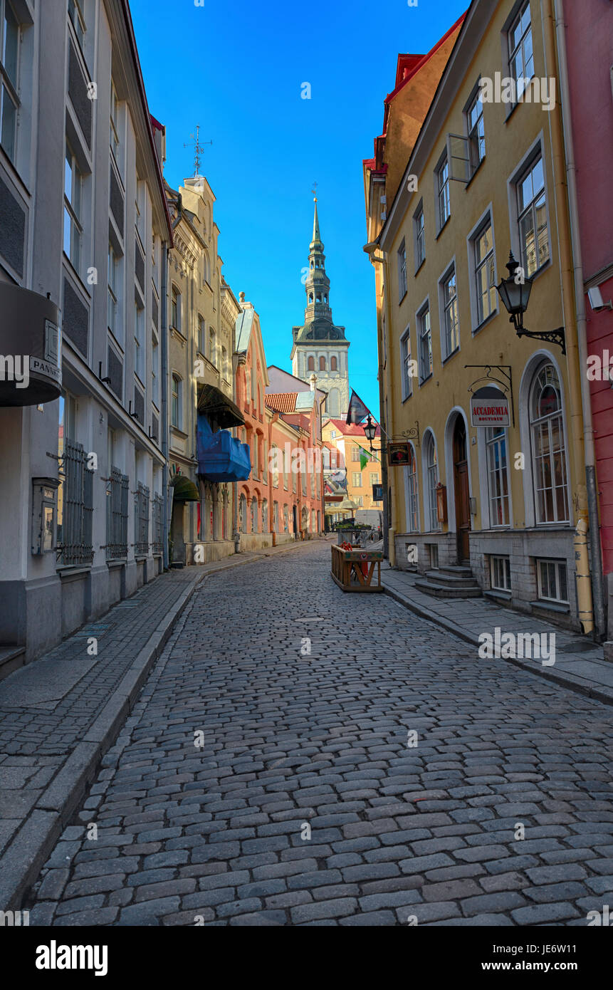 View of the Town Hall from one of the streets in the historical center of Tallinn, Estonia, Baltic States Stock Photo