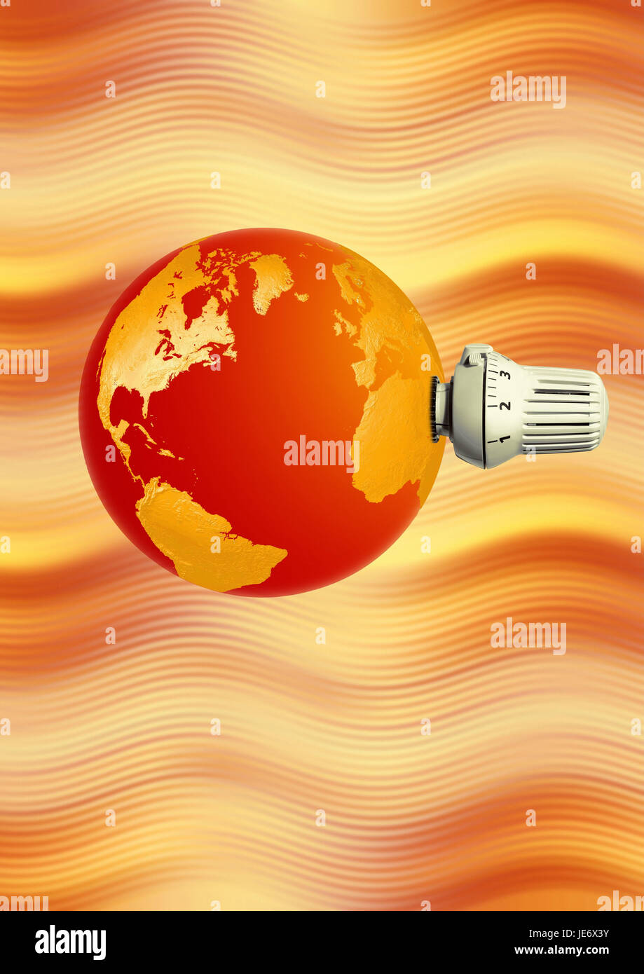Icon, climate warming, ground with thermostat valve, Stock Photo