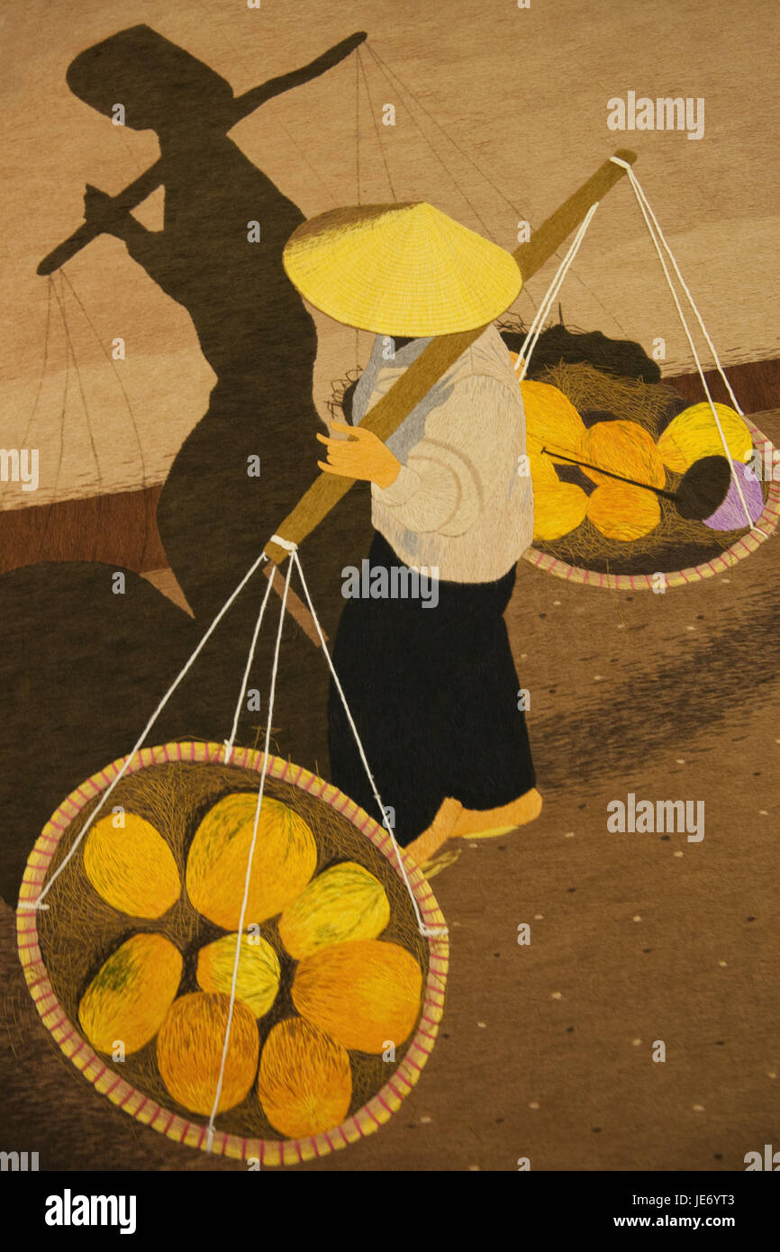 Vietnam, Hanoi, picture, representation, woman carries baskets with costs, Stock Photo