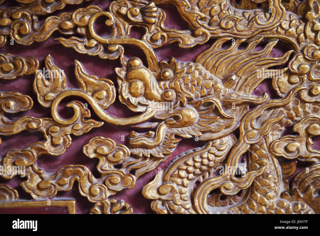 Vietnam, Hanoi, literature temple, wooden carving, dragon's motif, medium close-up, Stock Photo