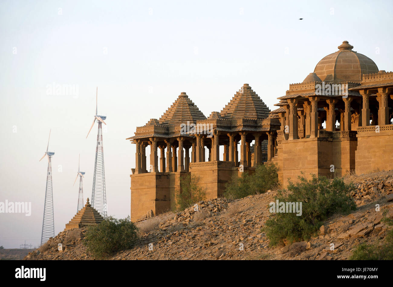 India, Rajasthan, Jaisalmer, Bada Bagh, wind power stations beside