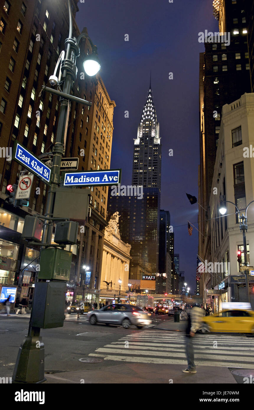 The USA, America, New York, Manhattan, Central station and Chrysler Building at night, blur, Stock Photo