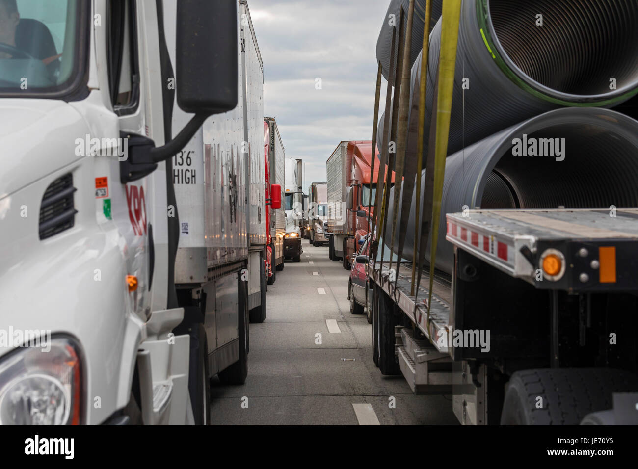 Mercer, Pennsylvania - Trucks stopped as the result of an accident on Interstate 80 in western Pennsylvania. Stock Photo