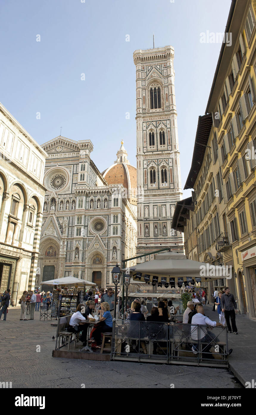 Italy, Tuscany, Florence, Piazza del Duomo, cathedral and bell tower, street cafe in the foreground, Stock Photo