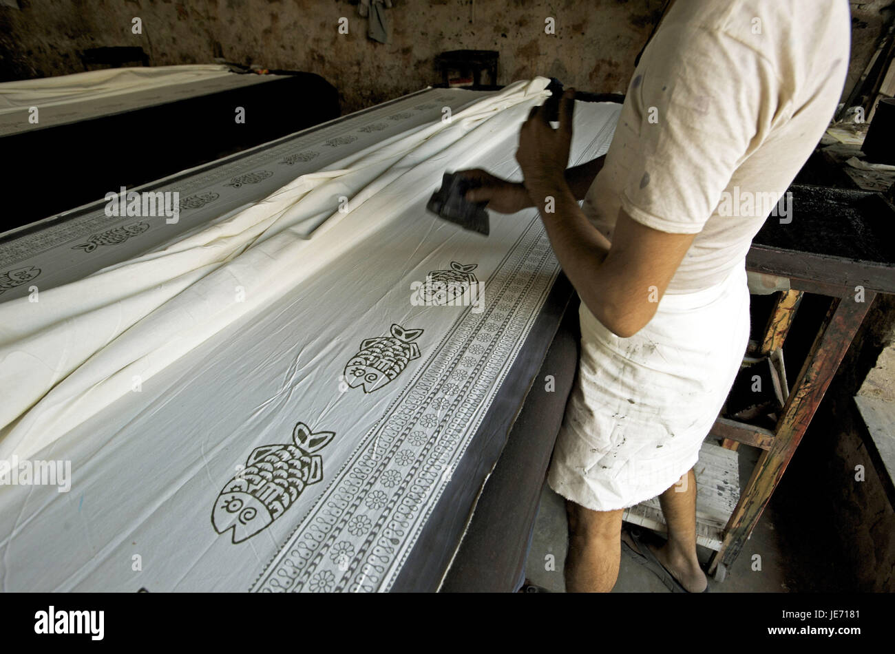 India, Rajasthan, Jaipur, Sanganer, textile factory, stamp printing