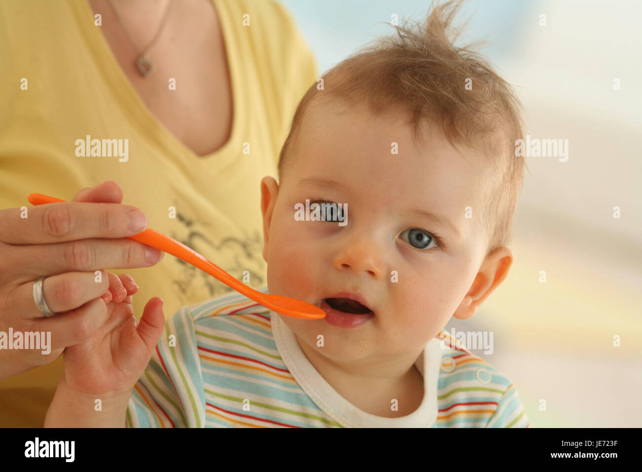 Nut, baby, 7 months, feed, is surprised, dressed, eat, Indoor, boy, curiosity, spoons, hunger, view, portrait, deflection, person, woman, Stock Photo