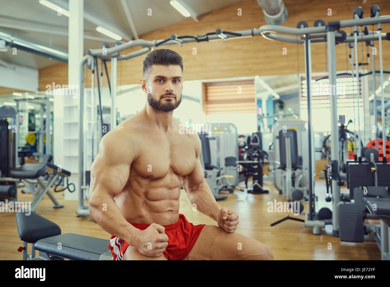 Portrait of a male bodybuilder in  gym Stock Photo