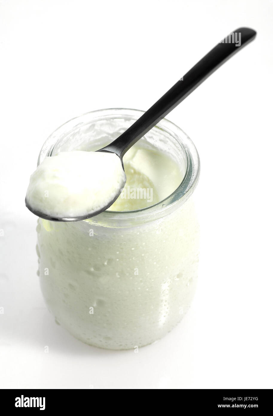 Teaspoon, glass, natural yoghurt, white background, Stock Photo