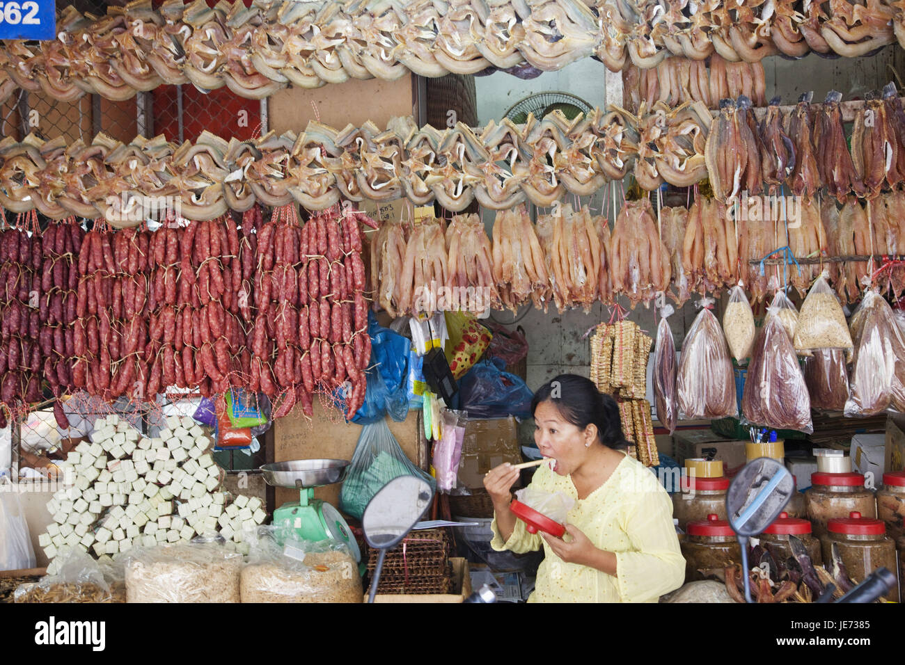 Cambodia, Siem Reap, Old Market, market stall, dry meat, sausages, Stock Photo