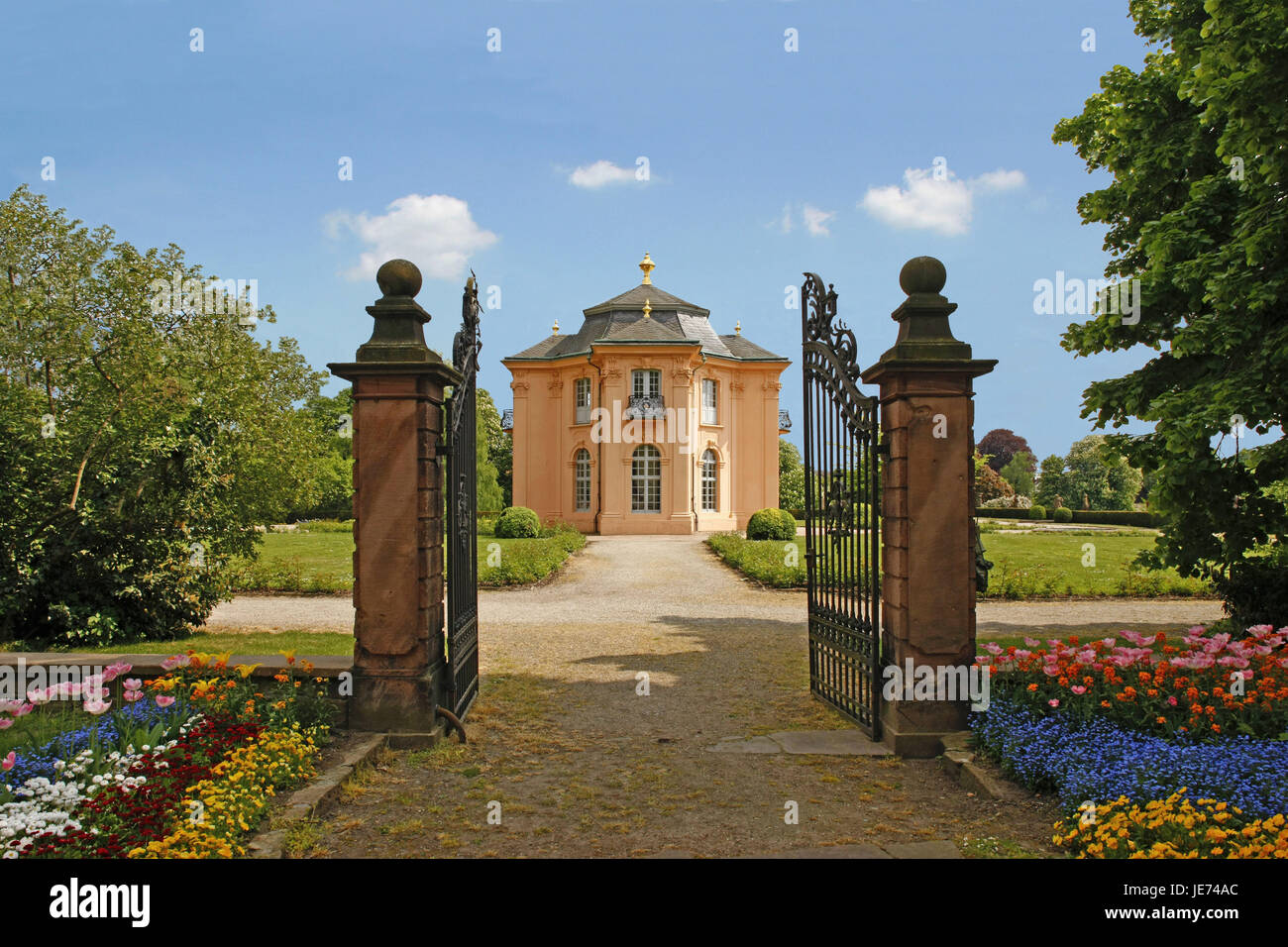 Germany, Baden-Wurttemberg, Rastatt, pagoda castle, water tower, outside, spring, castle, garden small castle, pavilion, teahouse, nobody, place of interest, tourism, Stock Photo