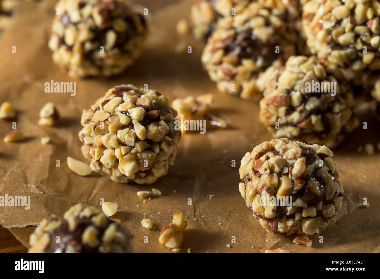 Raw Homemade Healthy Gluten Free Date Bites with Cherry and Chocolate Stock Photo